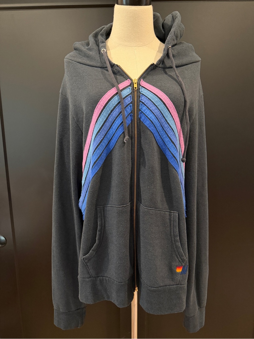 Aviator Nation Zip-Up Five Stripe Charcoal Mountain Stitch Hoodie in XL - RARE! - Picture 3 of 16